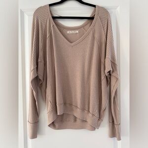 We The Free Waffle-Knit V-Neck Sweater in Taupe